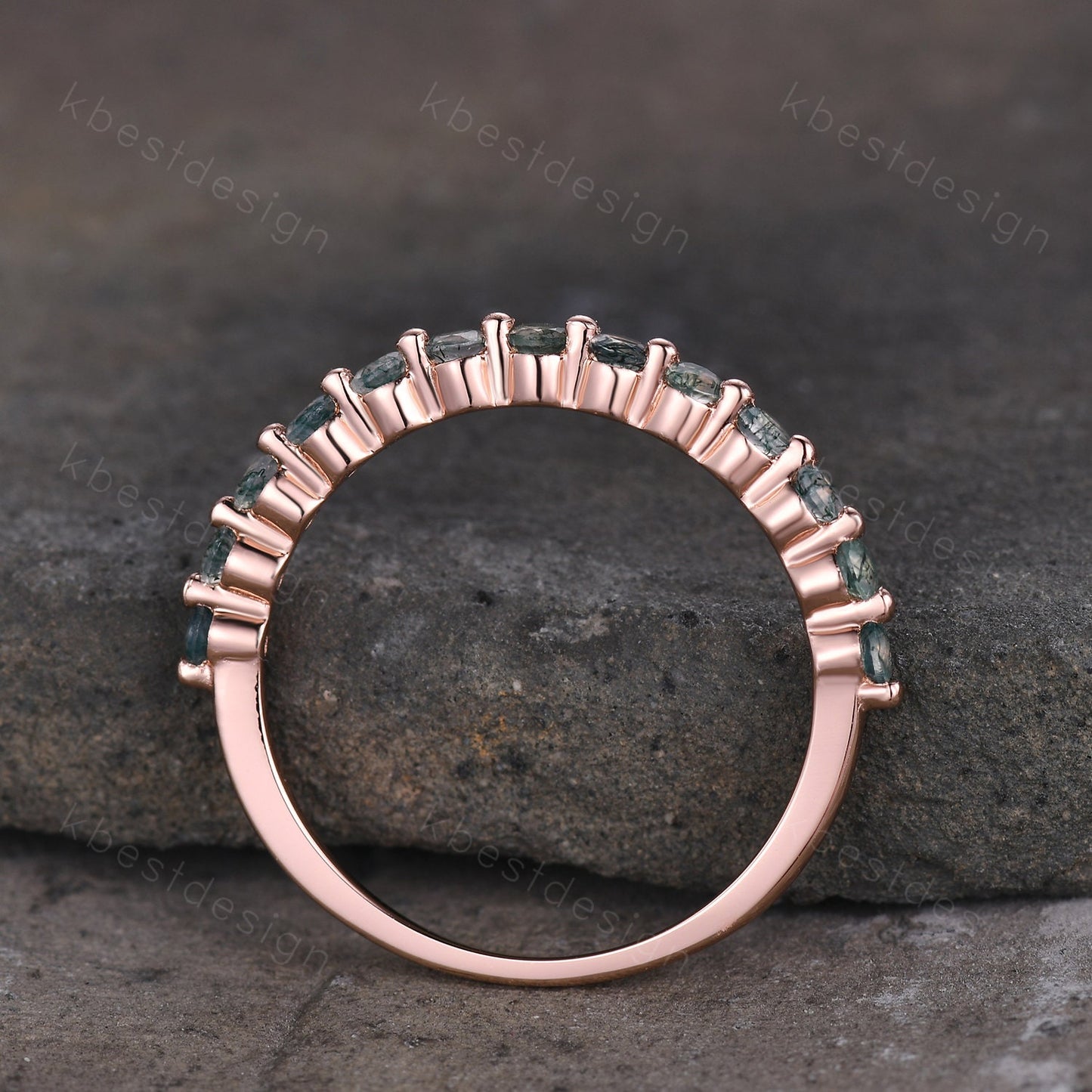 Rose Gold Moss Agate Wedding Band, 2MM Round Cut Wedding Band, Minimalist Stacking Matching Band, Half Eternity Band, Anniversary Gift