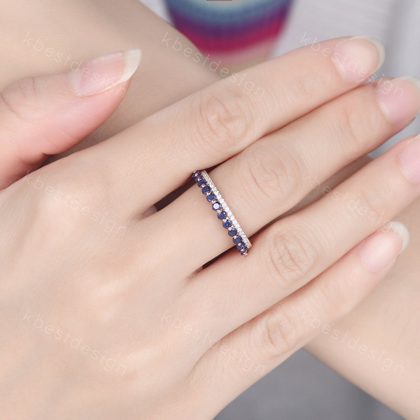 Vintage Blue Sandstone Wedding Band, Half Eternity Moissanite Band, Minimalist Bridal Matching Band, Double Wedding Band, Anniversary Ring