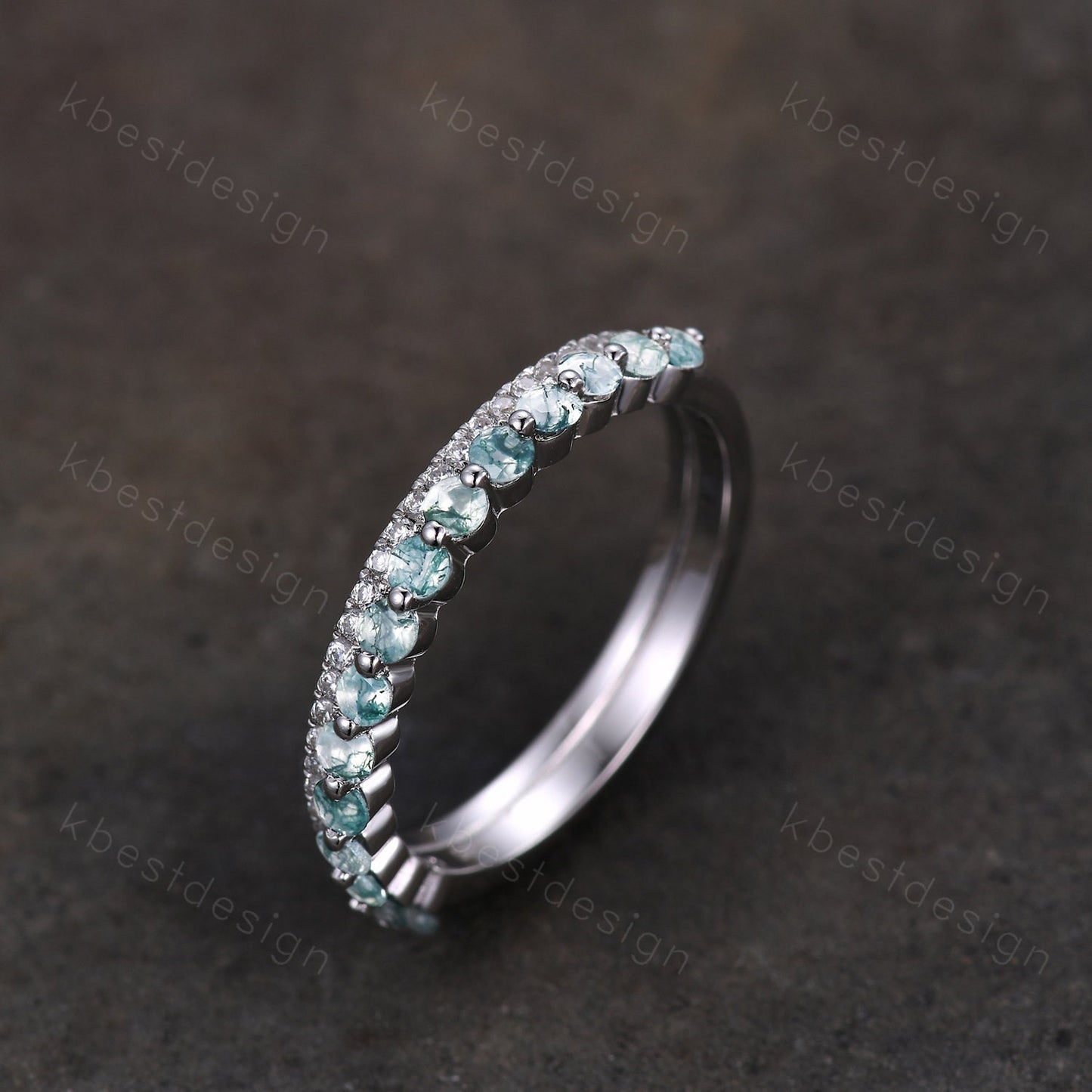Vintage Moss Agate Wedding Band Silver Moissanite Stacking Band Art Deco Double Band Unique Bridal Promise Gift Platinum Ring