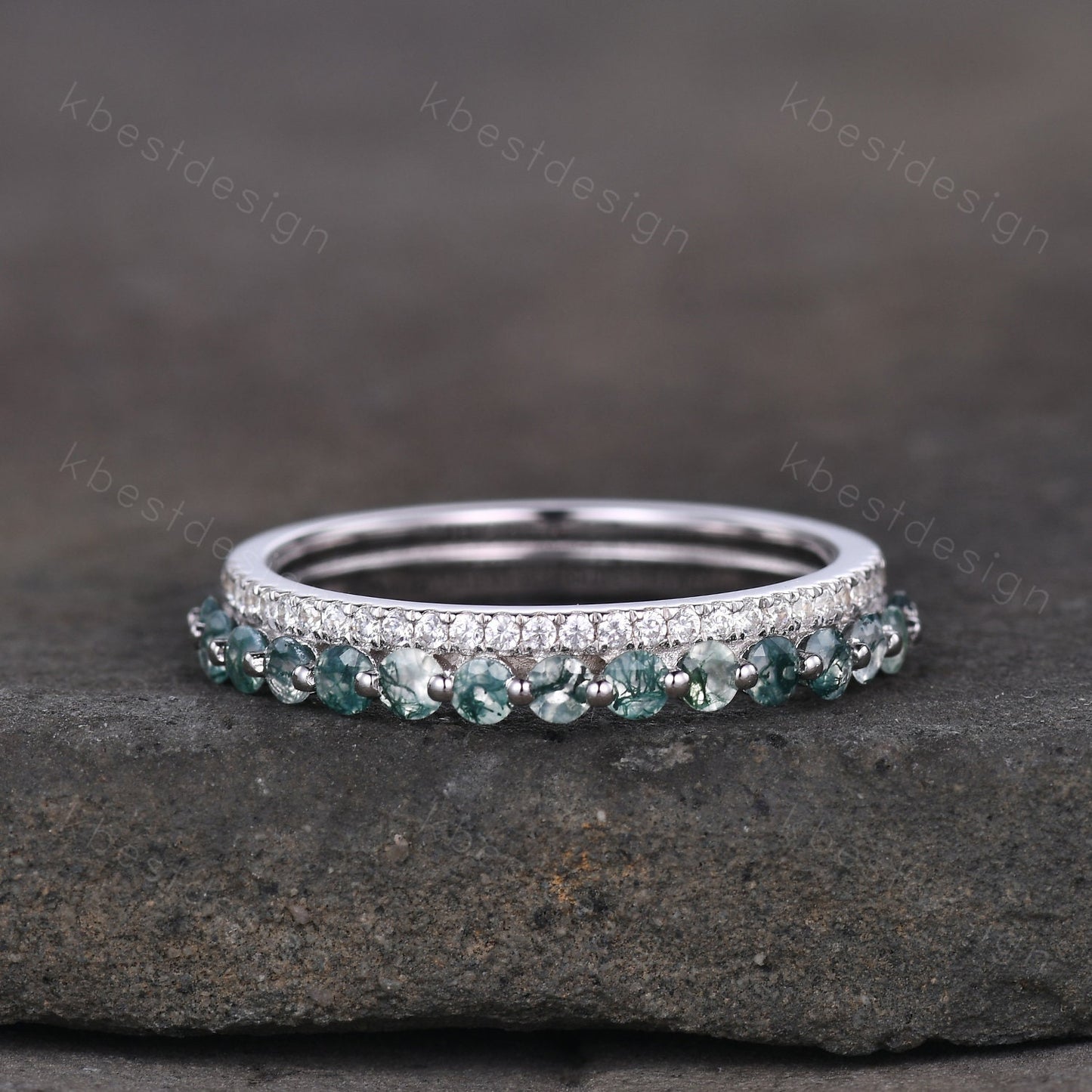 Vintage Moss Agate Wedding Band Silver Moissanite Stacking Band Art Deco Double Band Unique Bridal Promise Gift Platinum Ring