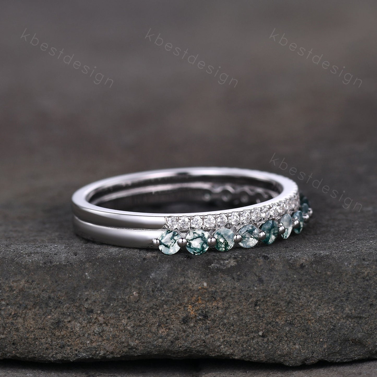 Vintage Moss Agate Wedding Band Silver Moissanite Stacking Band Art Deco Double Band Unique Bridal Promise Gift Platinum Ring