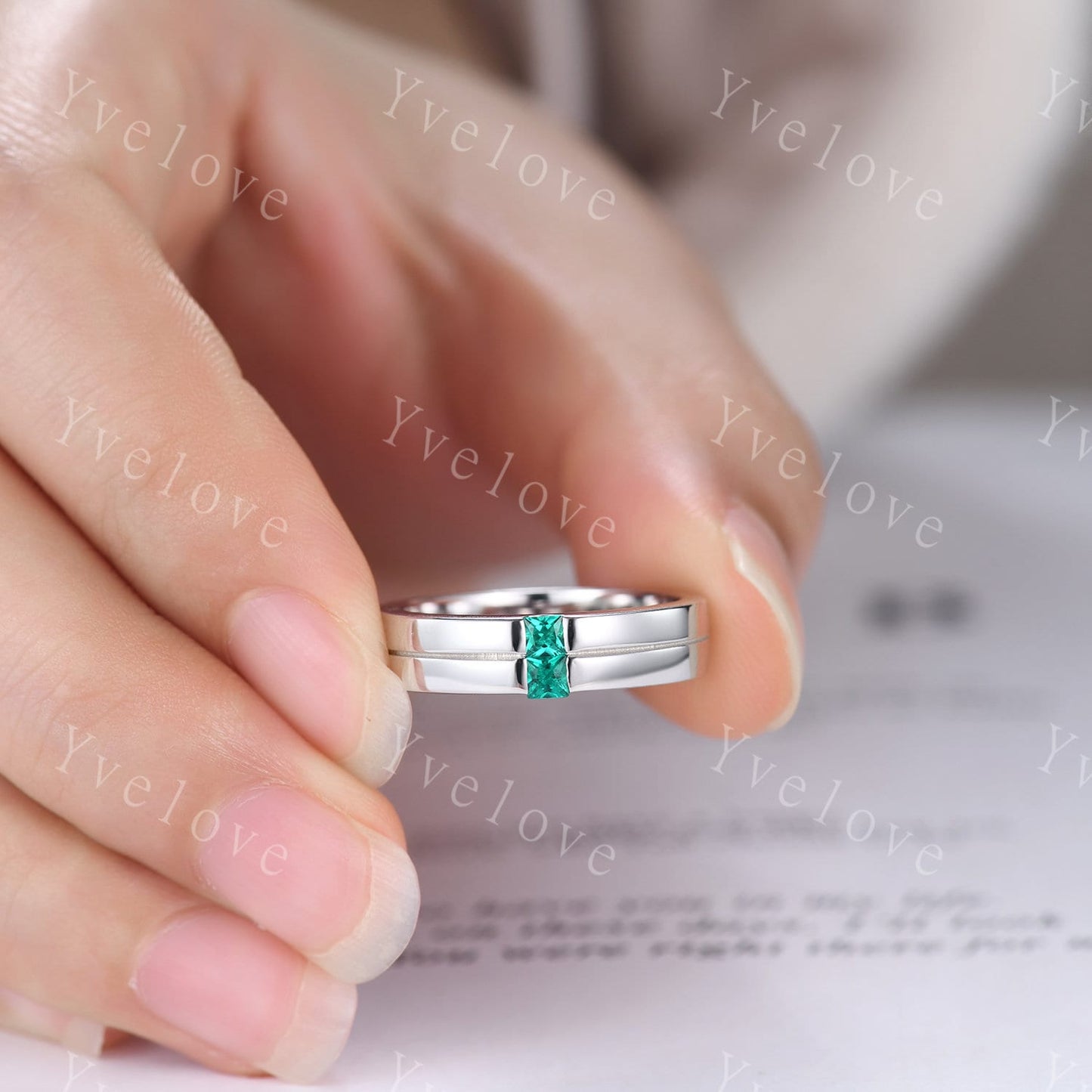 Mens Emerald Wedding Band Princess Cut Green Emerald Band 5mm 925 Silver Ring Mens Solitaire Stacking Matching Band Retro Vintage Ring Gift