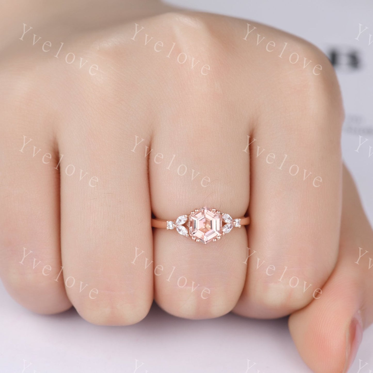 Hexagon Morganite Ring,Morganite Engagement Ring Set,Enhancer Ring,Double Curved band,Women Bridal Ring Stacking Moissanite Wedding Band