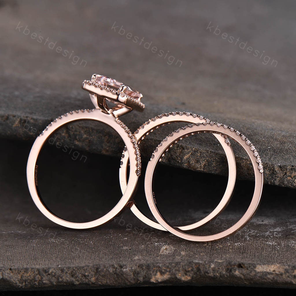 Natural Emerald Cut Morganite Engagement Ring Rose Gold Morganite Wedding Ring Set Minimalist Stacking Matching Bands Bridal Promise Ring