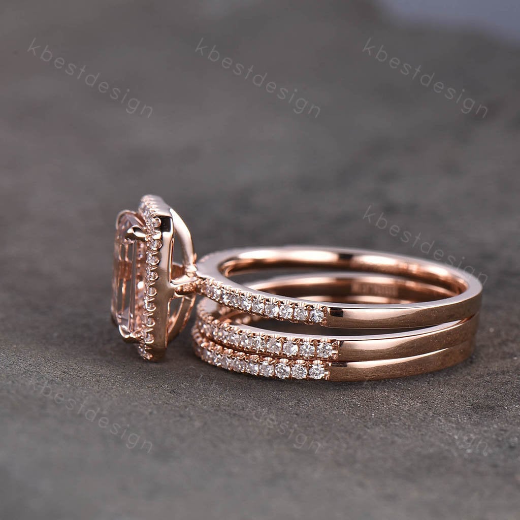Natural Emerald Cut Morganite Engagement Ring Rose Gold Morganite Wedding Ring Set Minimalist Stacking Matching Bands Bridal Promise Ring