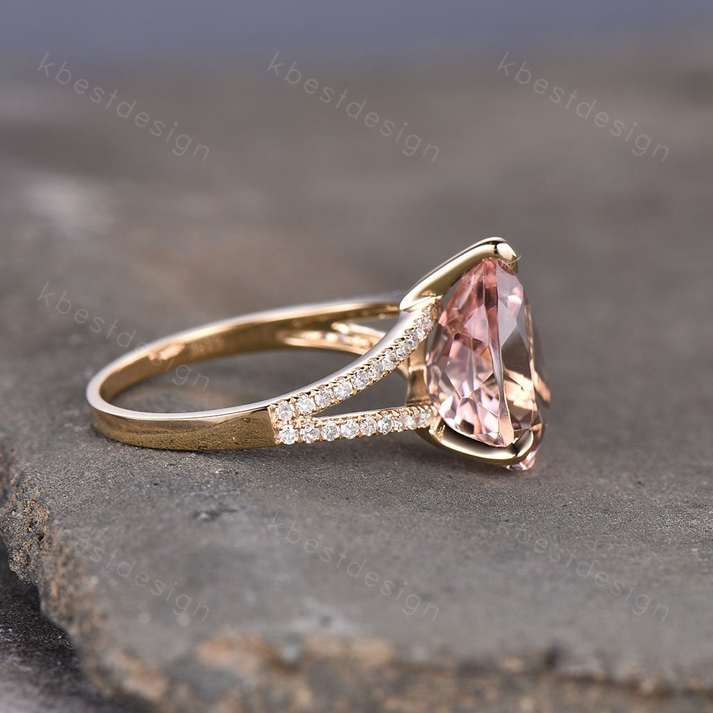 Vintage Morganite Engagement Ring 3CT Teardrop Morganite Ring 14K Solid Gold Ring Split Shank Engagement Ring Bridal Wedding Promise Ring