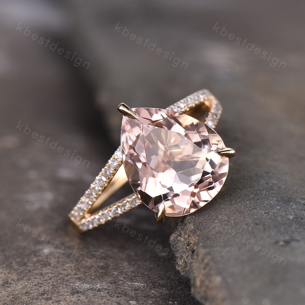 Vintage Morganite Engagement Ring 3CT Teardrop Morganite Ring 14K Solid Gold Ring Split Shank Engagement Ring Bridal Wedding Promise Ring