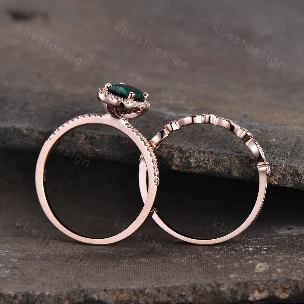 Emerald ring vintage unique oval emerald engagement ring set rose gold ring for women Art deco moissanite wedding band May birthstone ring