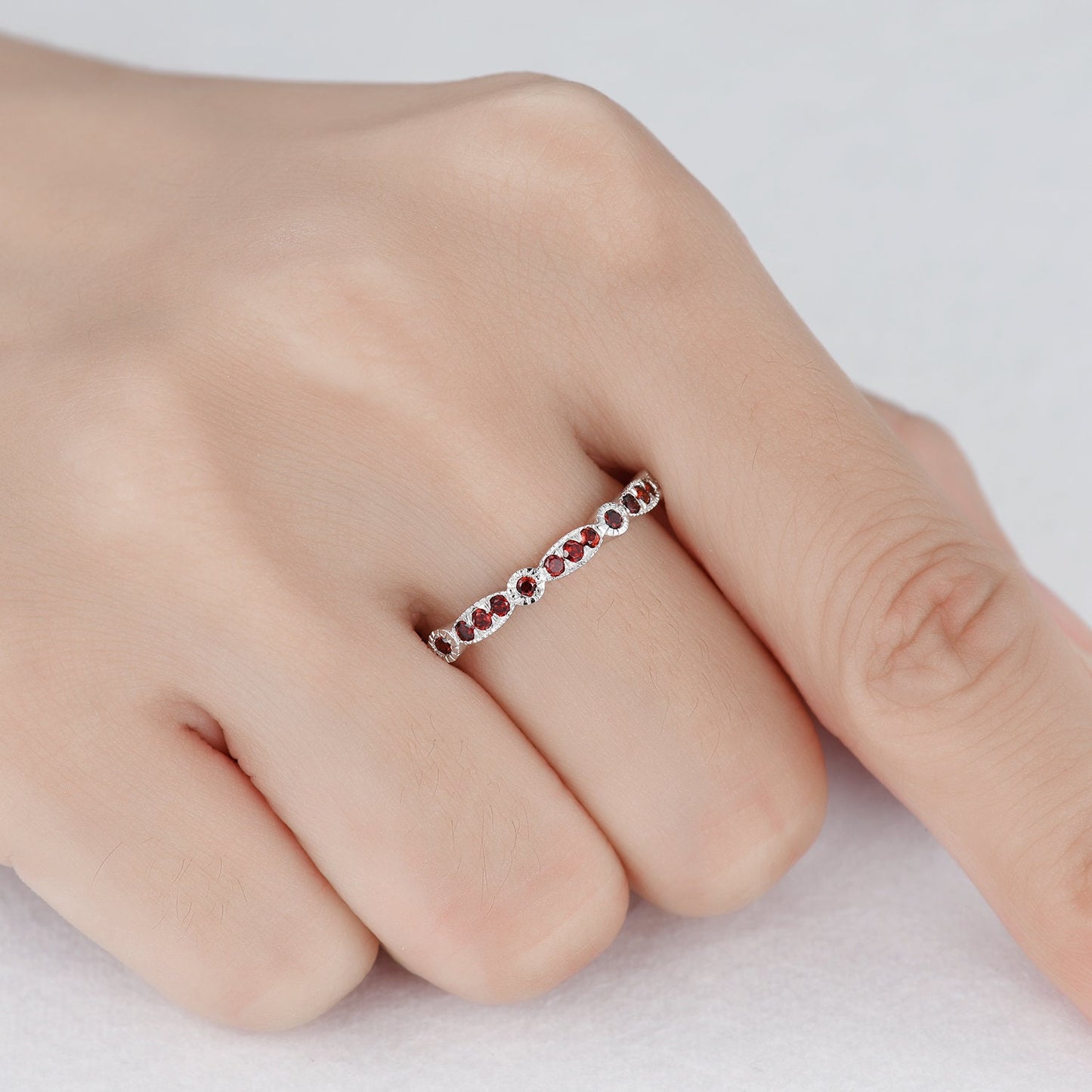 Red Garnet Wedding Band Art Deco Half Eternity Ring Sterling Silver Vintage Matching Band Milgrain Anniversary Gift