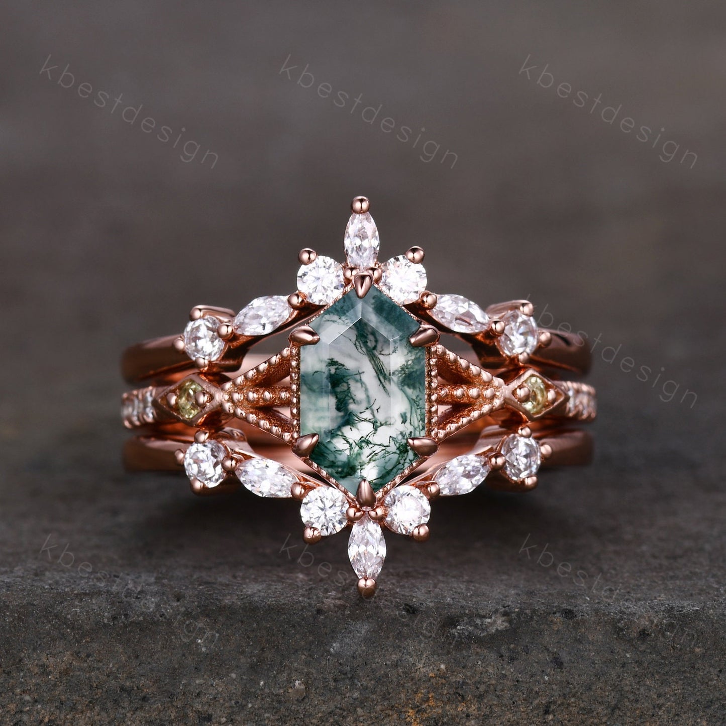 Vintage Hexagon cut Moss Agate Ring Rose Gold Engagement Ring Set Unique Double Curved Moissanite Band Art Deco Wedding Bridal Ring Set
