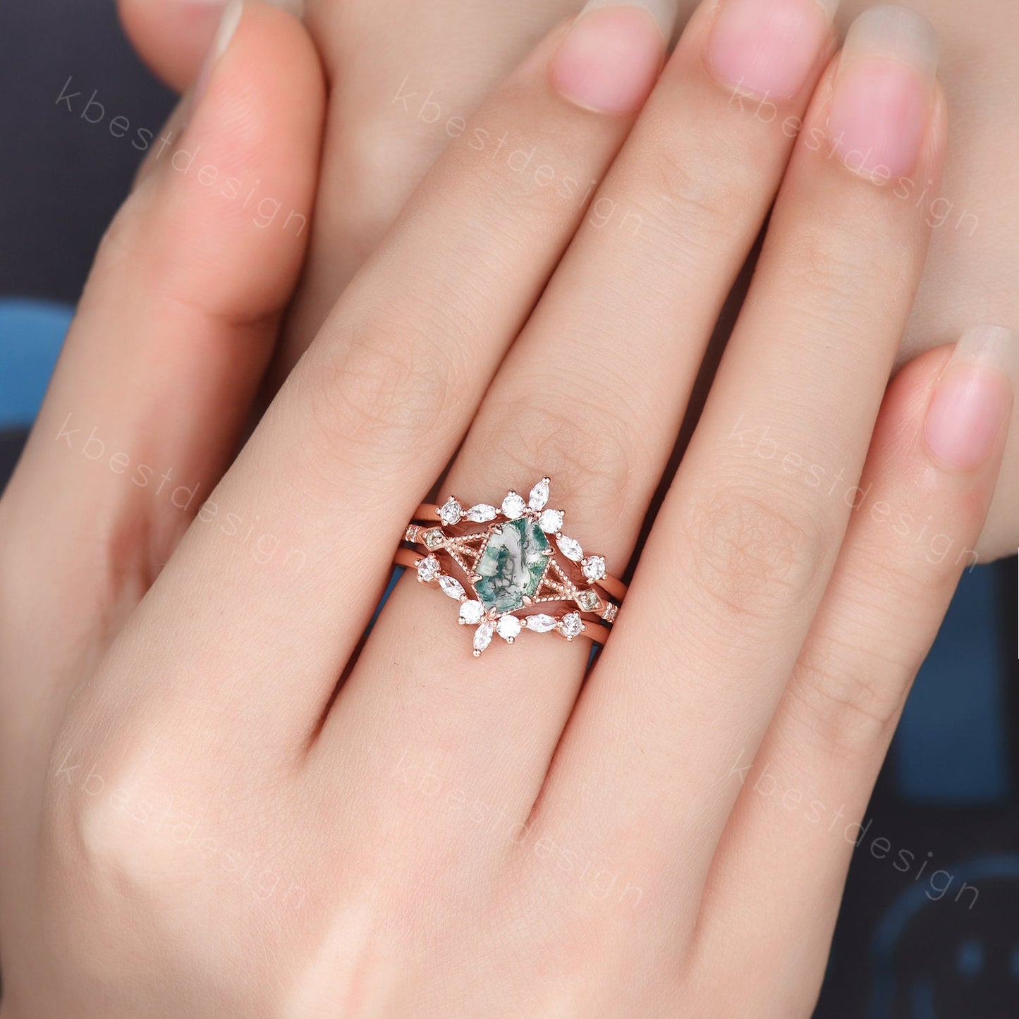 Vintage Hexagon cut Moss Agate Ring Rose Gold Engagement Ring Set Unique Double Curved Moissanite Band Art Deco Wedding Bridal Ring Set