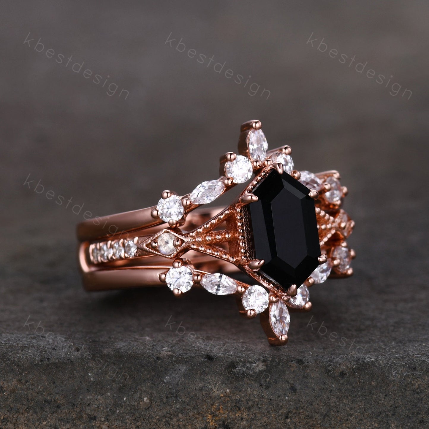 Long Hexagon cut Black Onyx Ring Set Vintage Rose Gold Engagement Ring Unique Double Curved Moissanite Promise Ring Anniversary Ring