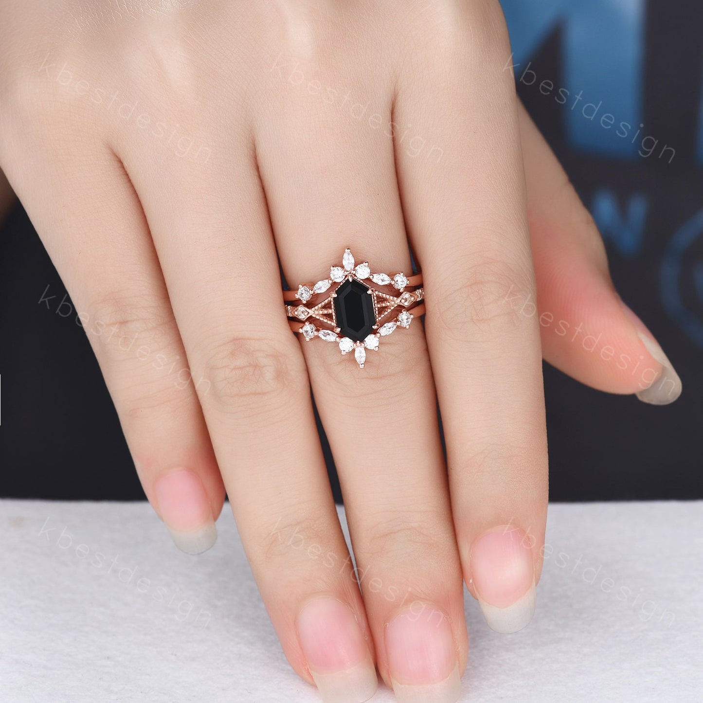 Long Hexagon cut Black Onyx Ring Set Vintage Rose Gold Engagement Ring Unique Double Curved Moissanite Promise Ring Anniversary Ring