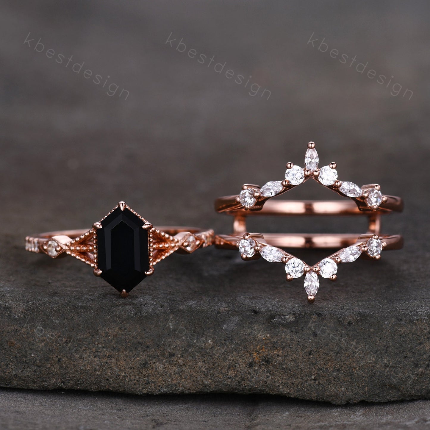 Long Hexagon cut Black Onyx Ring Set Vintage Rose Gold Engagement Ring Unique Double Curved Moissanite Promise Ring Anniversary Ring