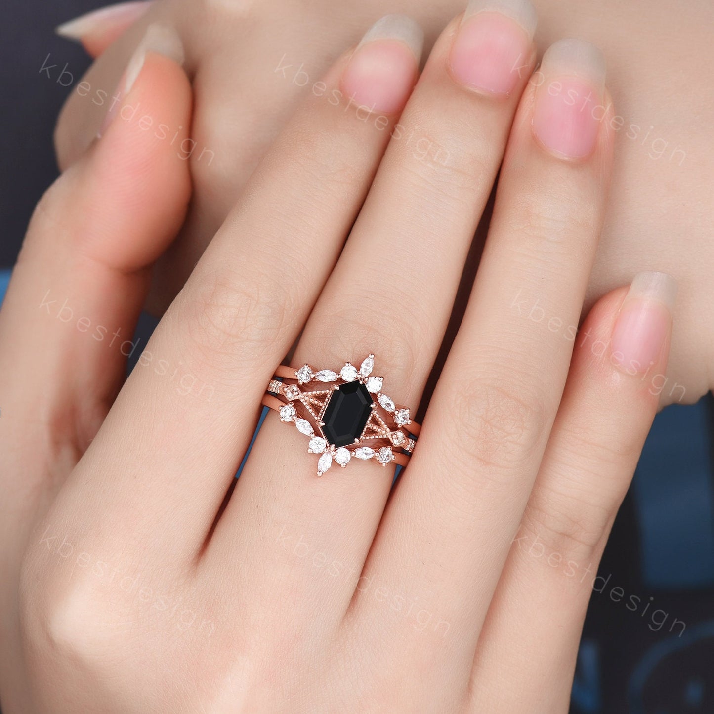Long Hexagon cut Black Onyx Ring Set Vintage Rose Gold Engagement Ring Unique Double Curved Moissanite Promise Ring Anniversary Ring