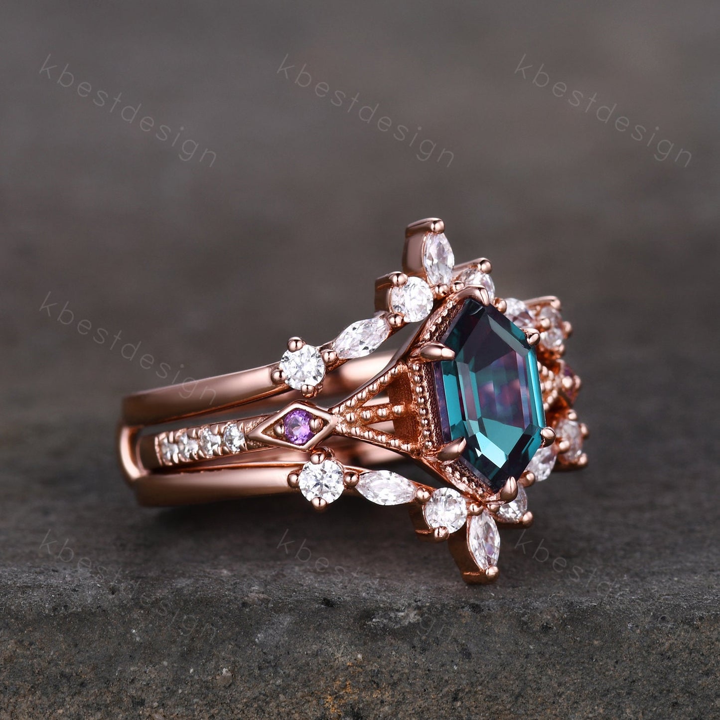 Vintage Alexandrite Engagement Ring Set Unique Rose Gold Hexagon cut ring Moissanite Wedding Band Art deco Milgrain Anniversary Promise Ring
