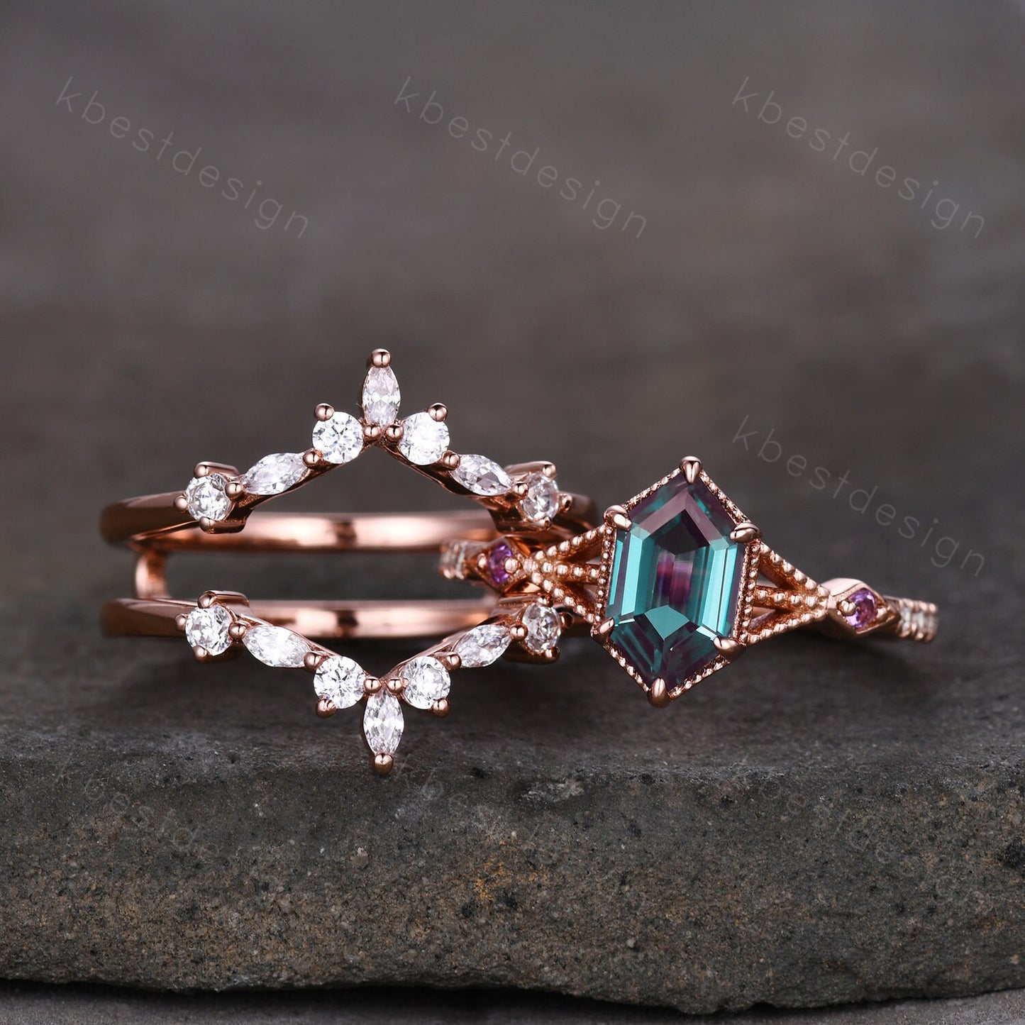 Vintage Alexandrite Engagement Ring Set Unique Rose Gold Hexagon cut ring Moissanite Wedding Band Art deco Milgrain Anniversary Promise Ring