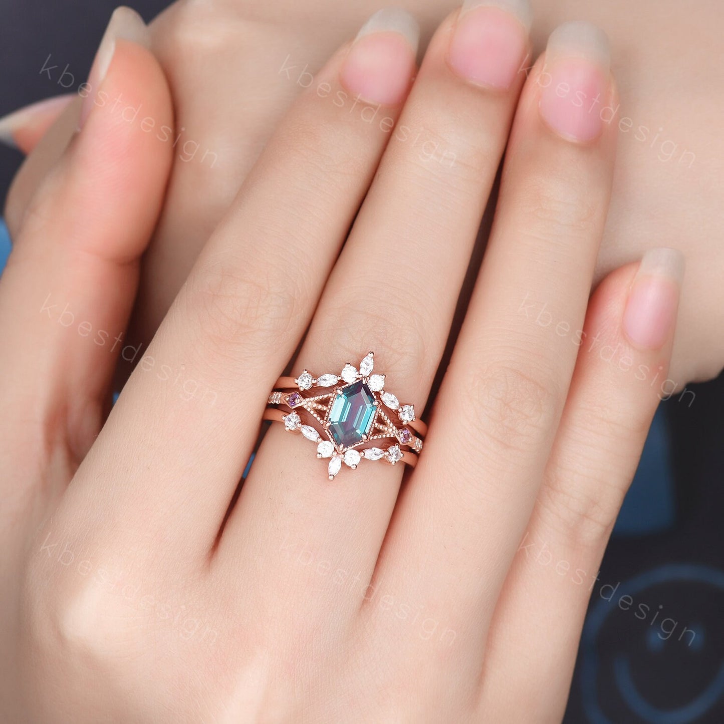 Vintage Alexandrite Engagement Ring Set Unique Rose Gold Hexagon cut ring Moissanite Wedding Band Art deco Milgrain Anniversary Promise Ring