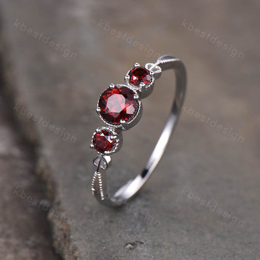 Garnet Ring Unique Round cut Garnet Engagement Ring Three Stone Ring Art Deco Wedding Ring January Birthstone Anniversary Ring for Women