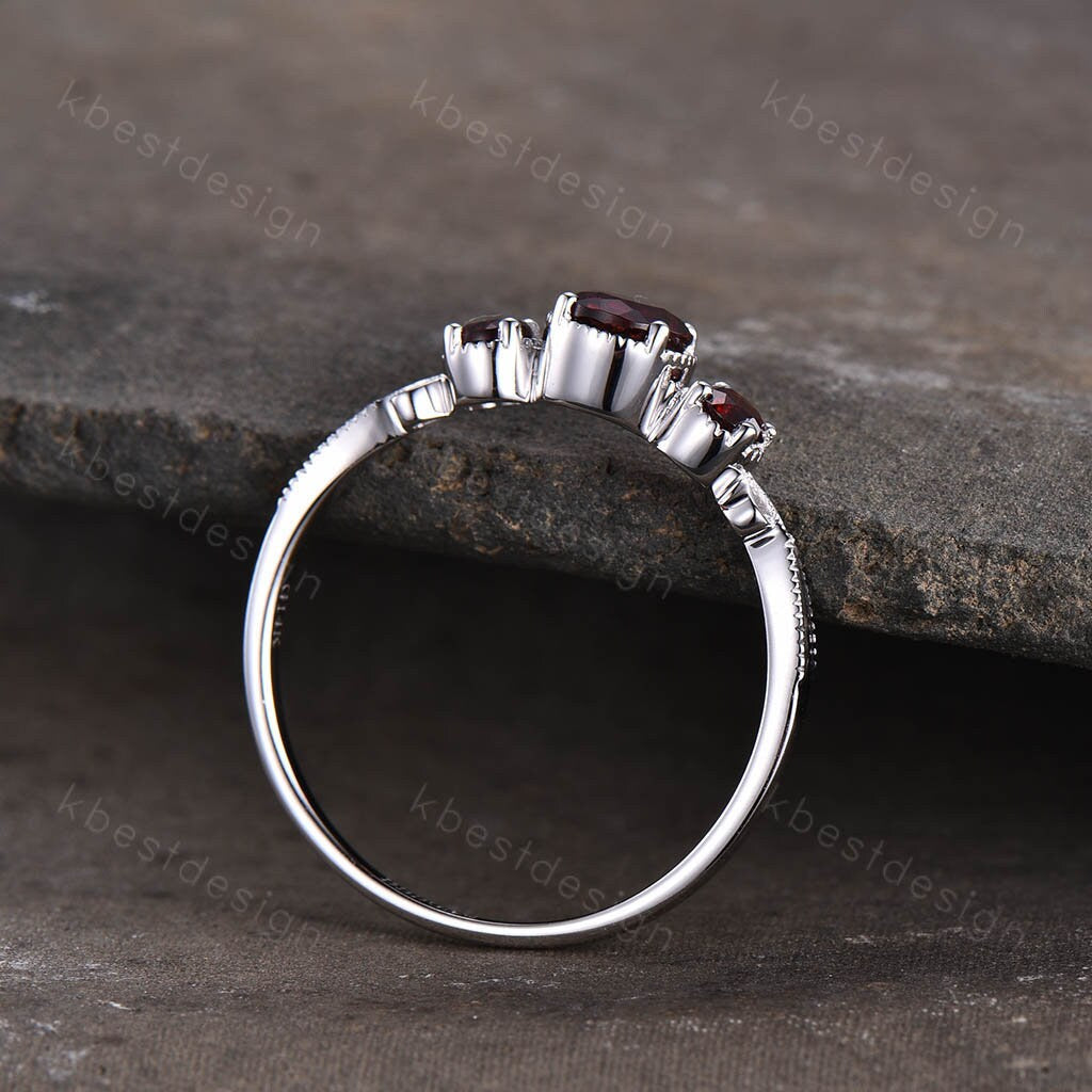 Garnet Ring Unique Round cut Garnet Engagement Ring Three Stone Ring Art Deco Wedding Ring January Birthstone Anniversary Ring for Women