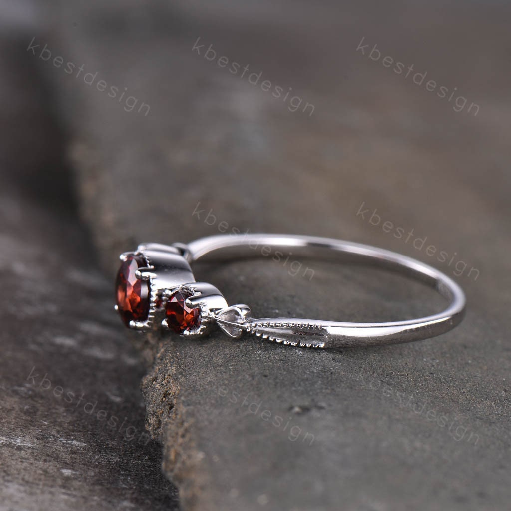 Garnet Ring Unique Round cut Garnet Engagement Ring Three Stone Ring Art Deco Wedding Ring January Birthstone Anniversary Ring for Women