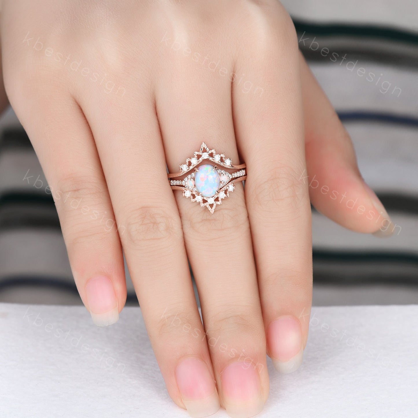 Oval Opal Engagement Ring Set, Rose Gold Rings for Women, Art Deco Stacking Band, Unique Double Curved Wedding Band, Bridal Promise Ring