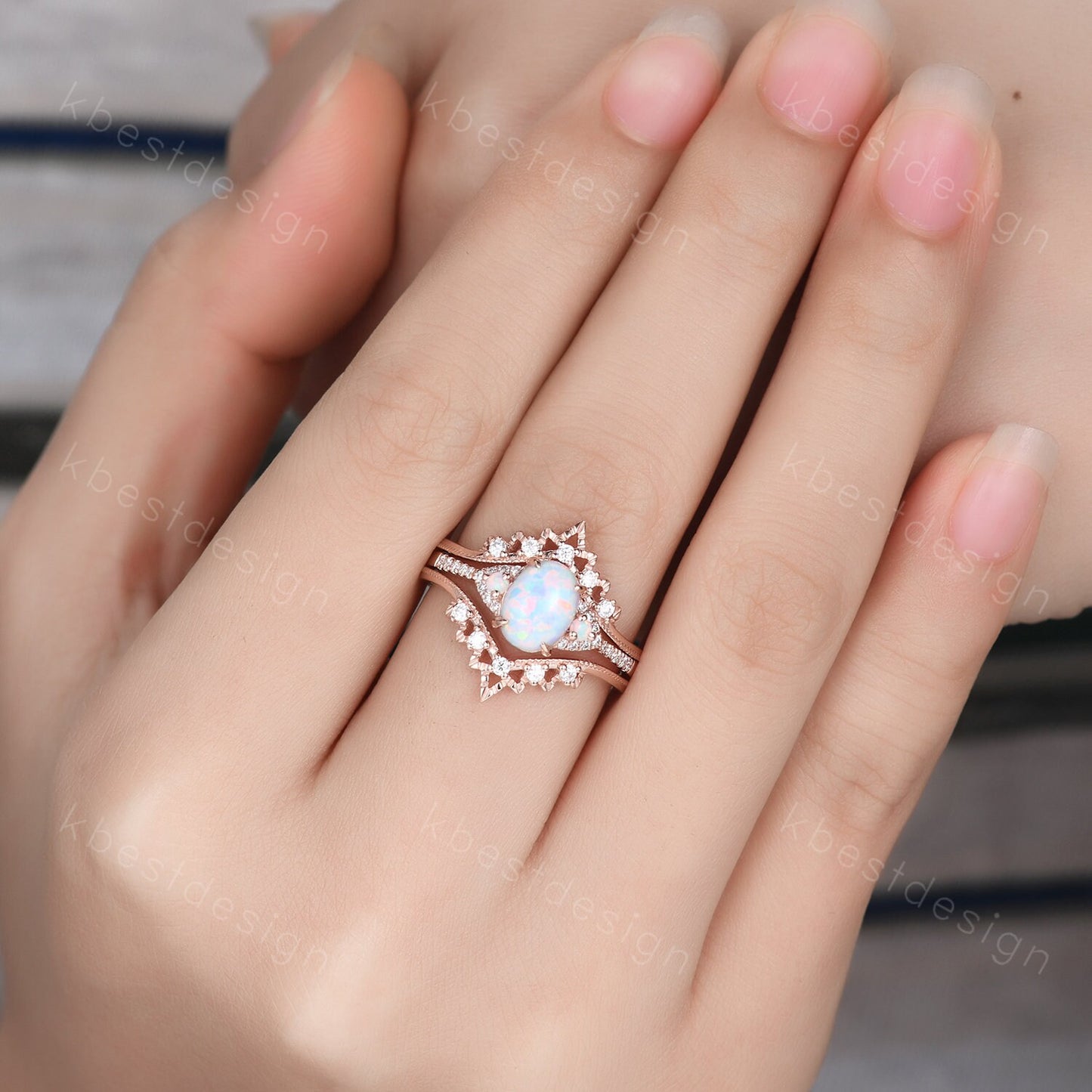 Oval Opal Engagement Ring Set, Rose Gold Rings for Women, Art Deco Stacking Band, Unique Double Curved Wedding Band, Bridal Promise Ring
