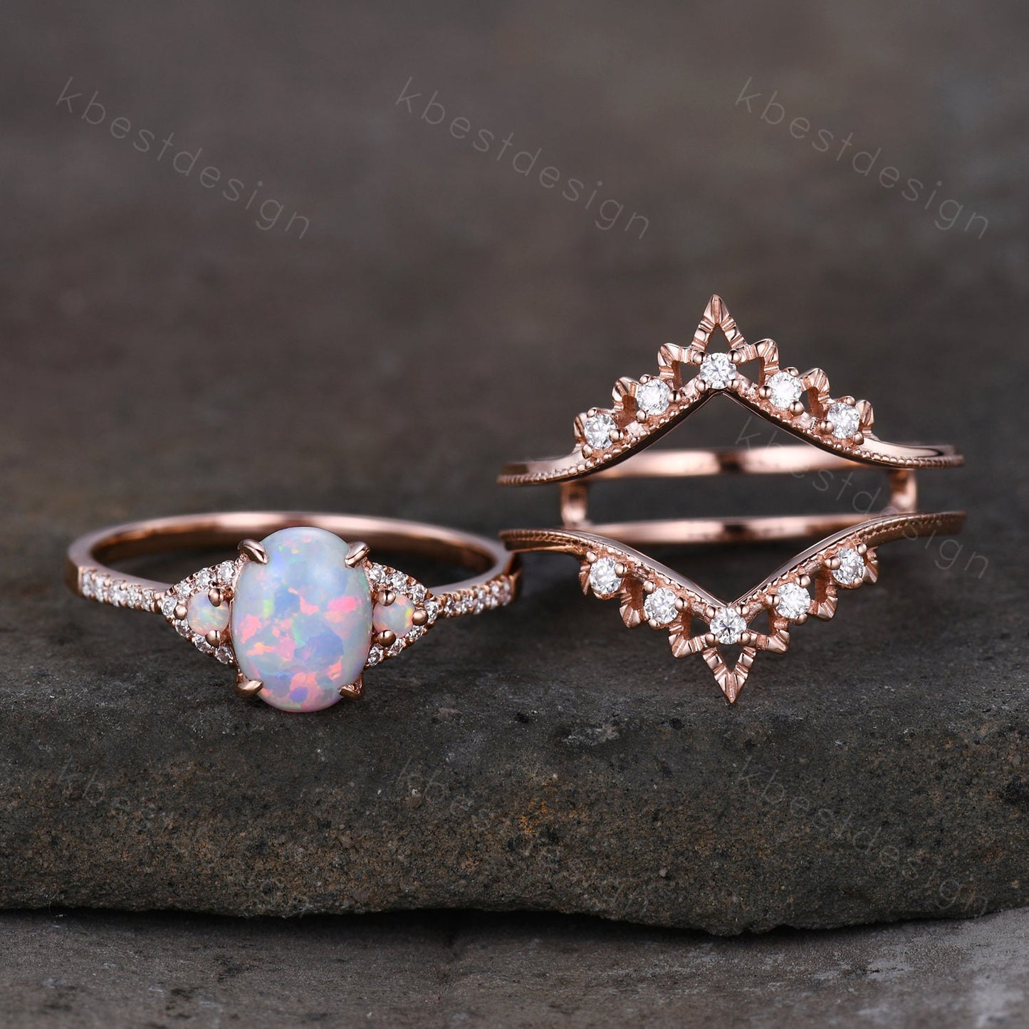 Oval Opal Engagement Ring Set, Rose Gold Rings for Women, Art Deco Stacking Band, Unique Double Curved Wedding Band, Bridal Promise Ring