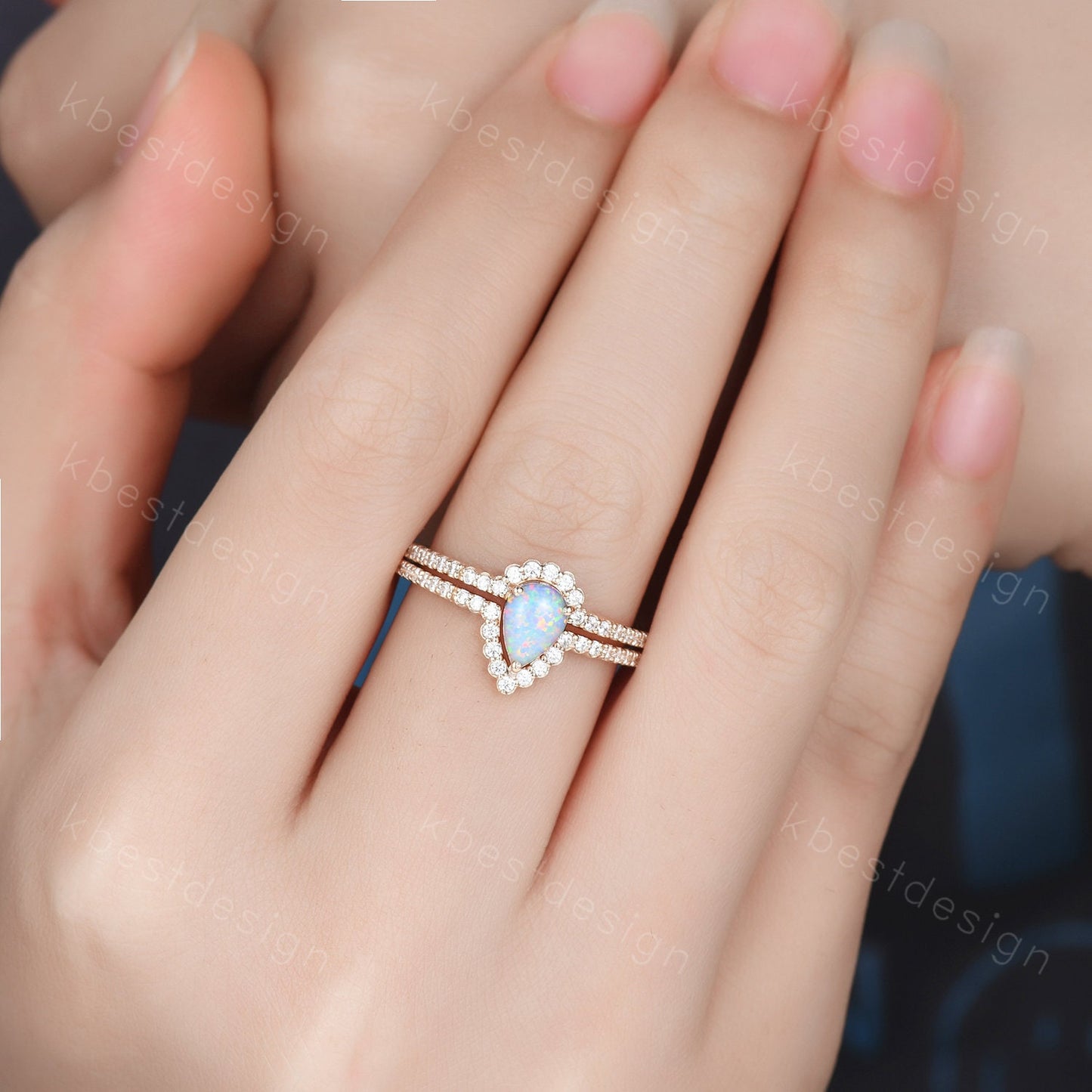 Delicate Opal Engagement Ring Set, 14K Solid Gold Opal Wedding Ring, Pear Shaped Bridal Set, Art Deco Stacking Band, Anniversary Ring