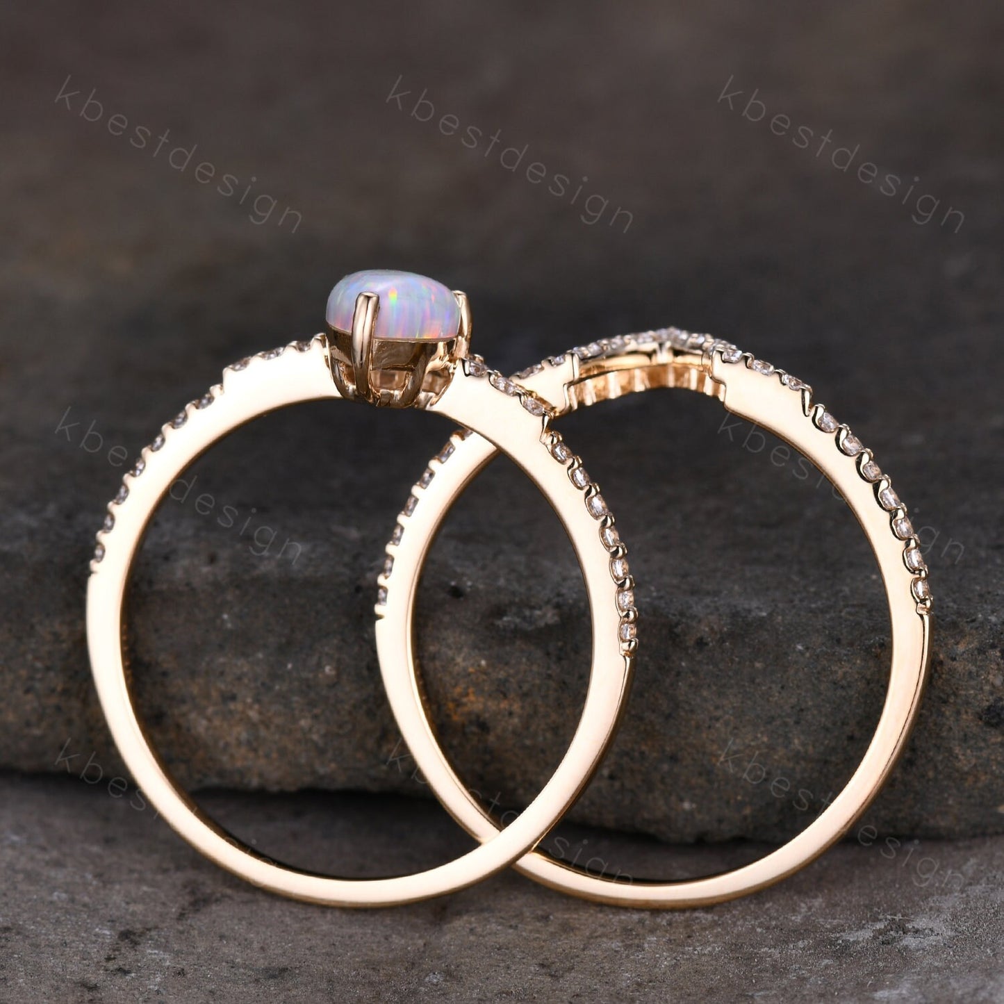 Delicate Opal Engagement Ring Set, 14K Solid Gold Opal Wedding Ring, Pear Shaped Bridal Set, Art Deco Stacking Band, Anniversary Ring