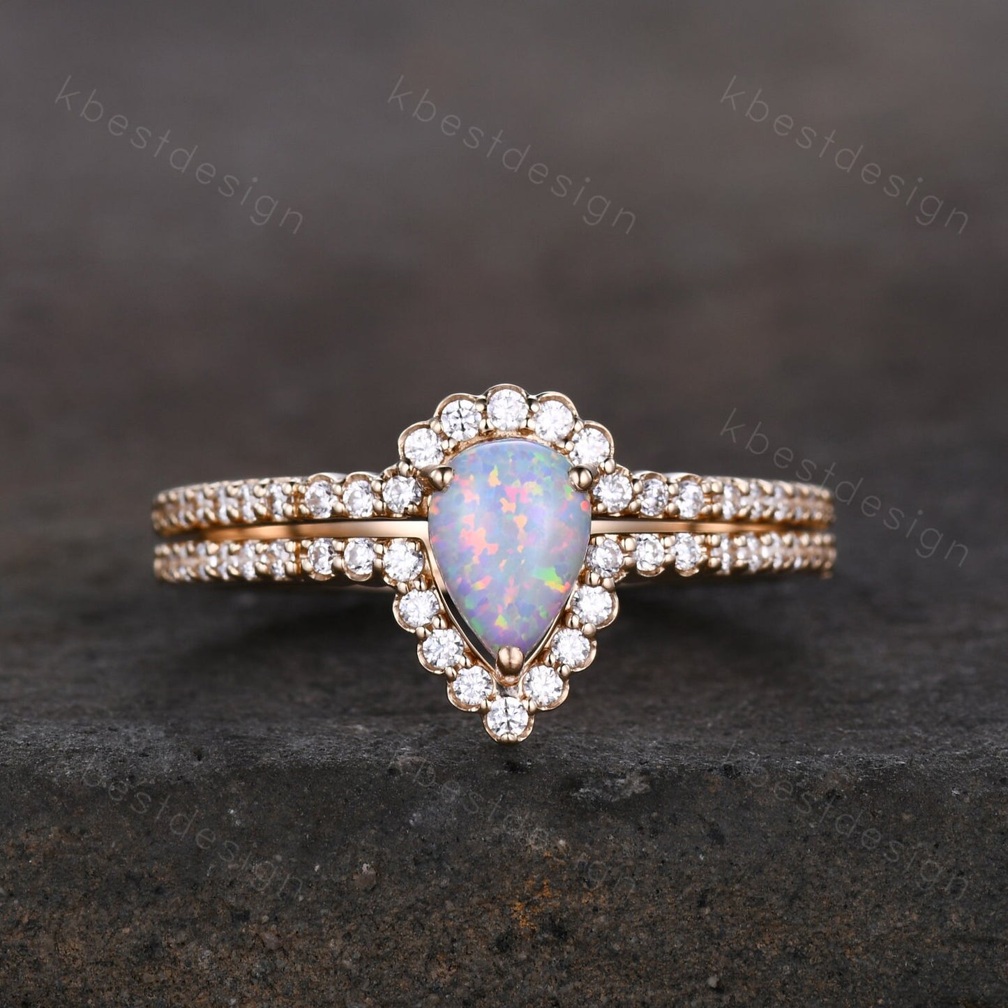 Delicate Opal Engagement Ring Set, 14K Solid Gold Opal Wedding Ring, Pear Shaped Bridal Set, Art Deco Stacking Band, Anniversary Ring