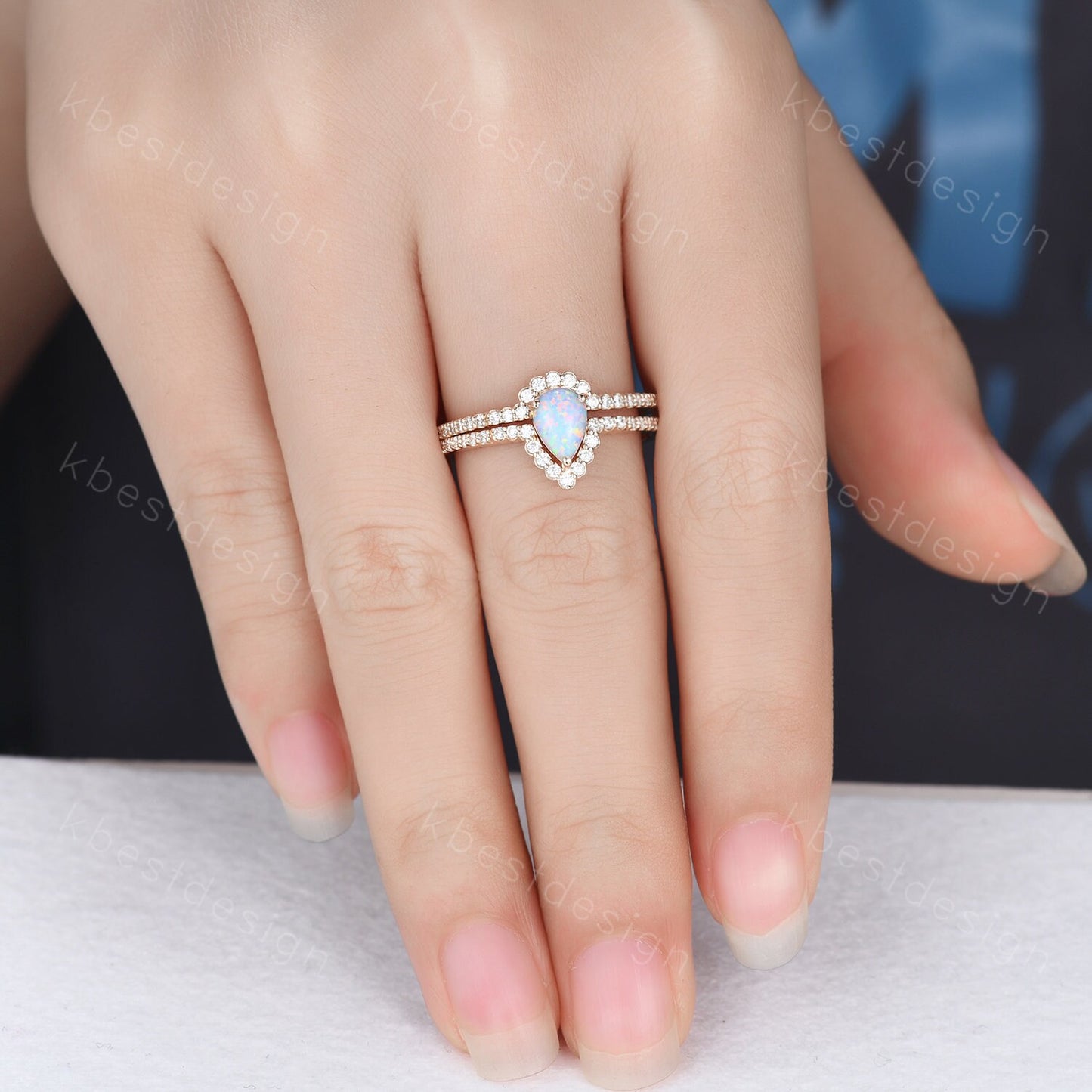 Delicate Opal Engagement Ring Set, 14K Solid Gold Opal Wedding Ring, Pear Shaped Bridal Set, Art Deco Stacking Band, Anniversary Ring