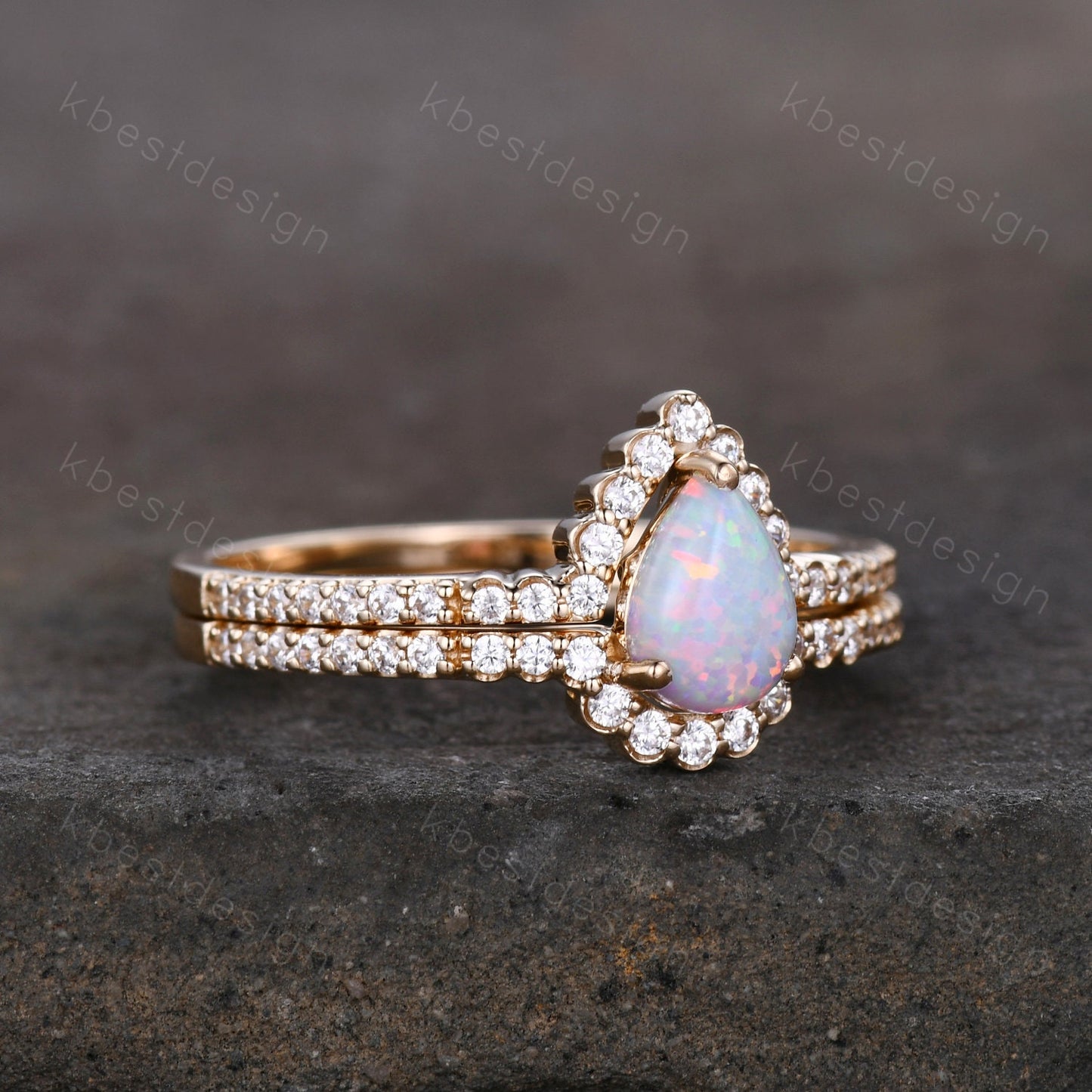 Delicate Opal Engagement Ring Set, 14K Solid Gold Opal Wedding Ring, Pear Shaped Bridal Set, Art Deco Stacking Band, Anniversary Ring