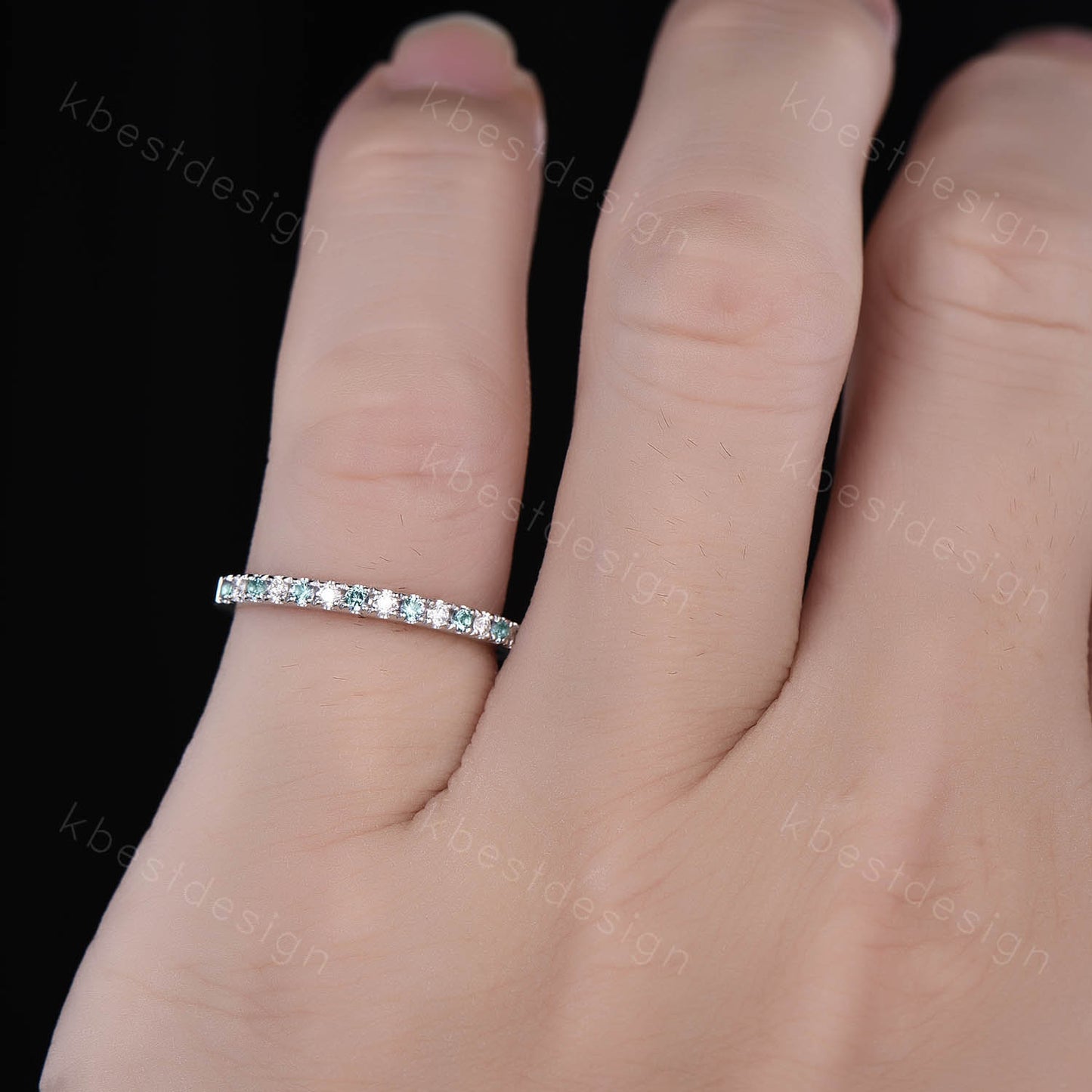 Half Eternity Alexandrite Wedding Band Sterling Silver Rings Alexandrite and Moissanite Wedding Band Minimalist Ring Pave Stacking Band
