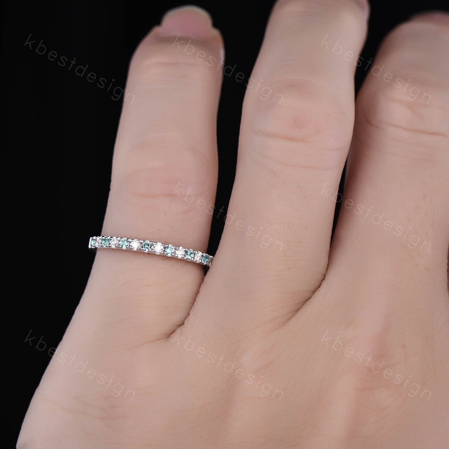 Half Eternity Alexandrite Wedding Band Sterling Silver Rings Alexandrite and Moissanite Wedding Band Minimalist Ring Pave Stacking Band