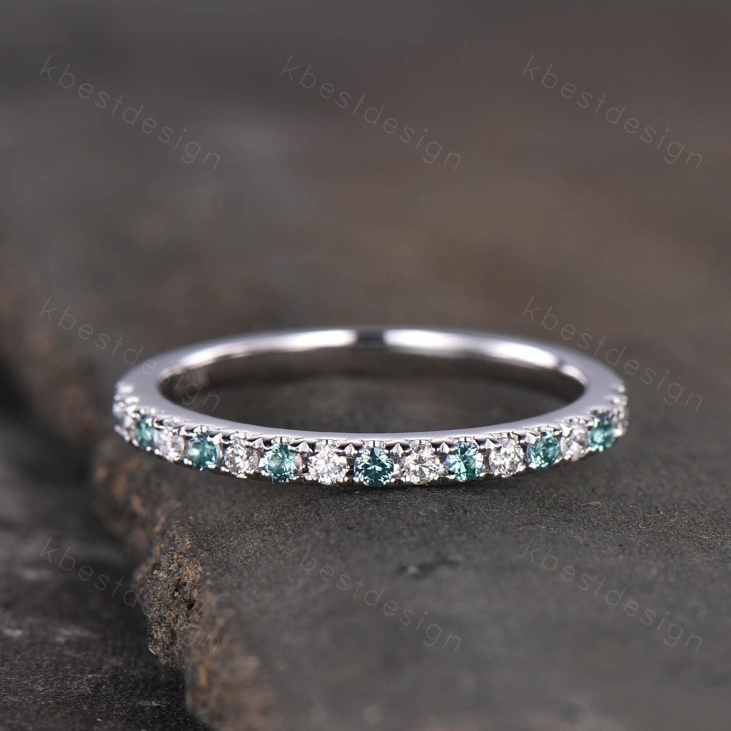 Half Eternity Alexandrite Wedding Band Sterling Silver Rings Alexandrite and Moissanite Wedding Band Minimalist Ring Pave Stacking Band