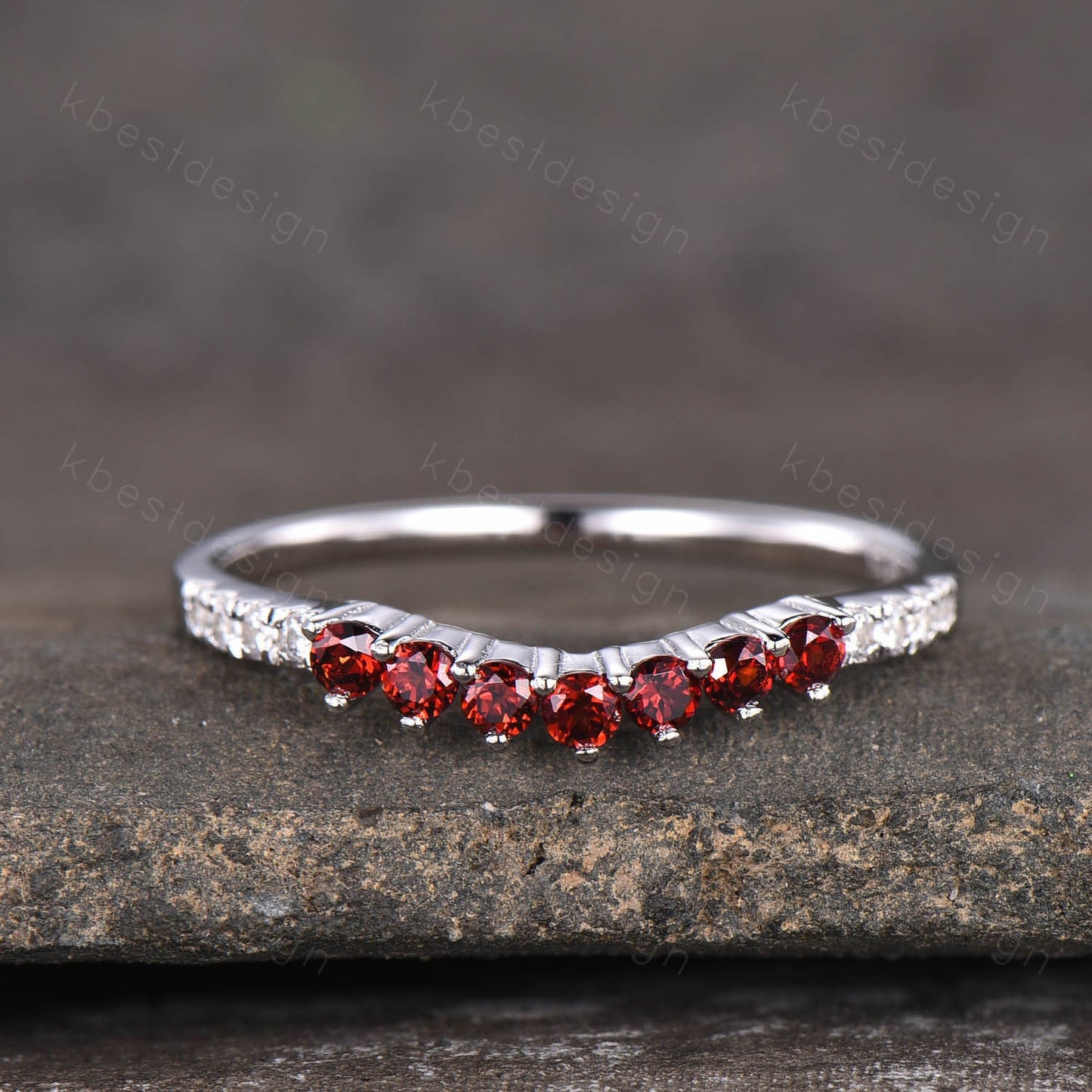 Delicate Garnet Wedding Band Sterling Silver Ring Curved Stacking Ring Gemstone Band January Birthstone Ring Anniversary Gift for Her