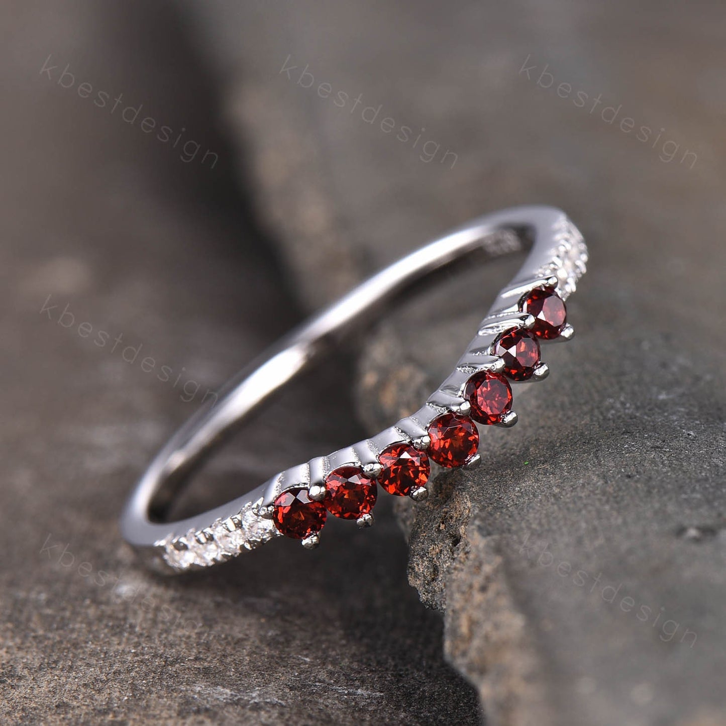 Delicate Garnet Wedding Band Sterling Silver Ring Curved Stacking Ring Gemstone Band January Birthstone Ring Anniversary Gift for Her