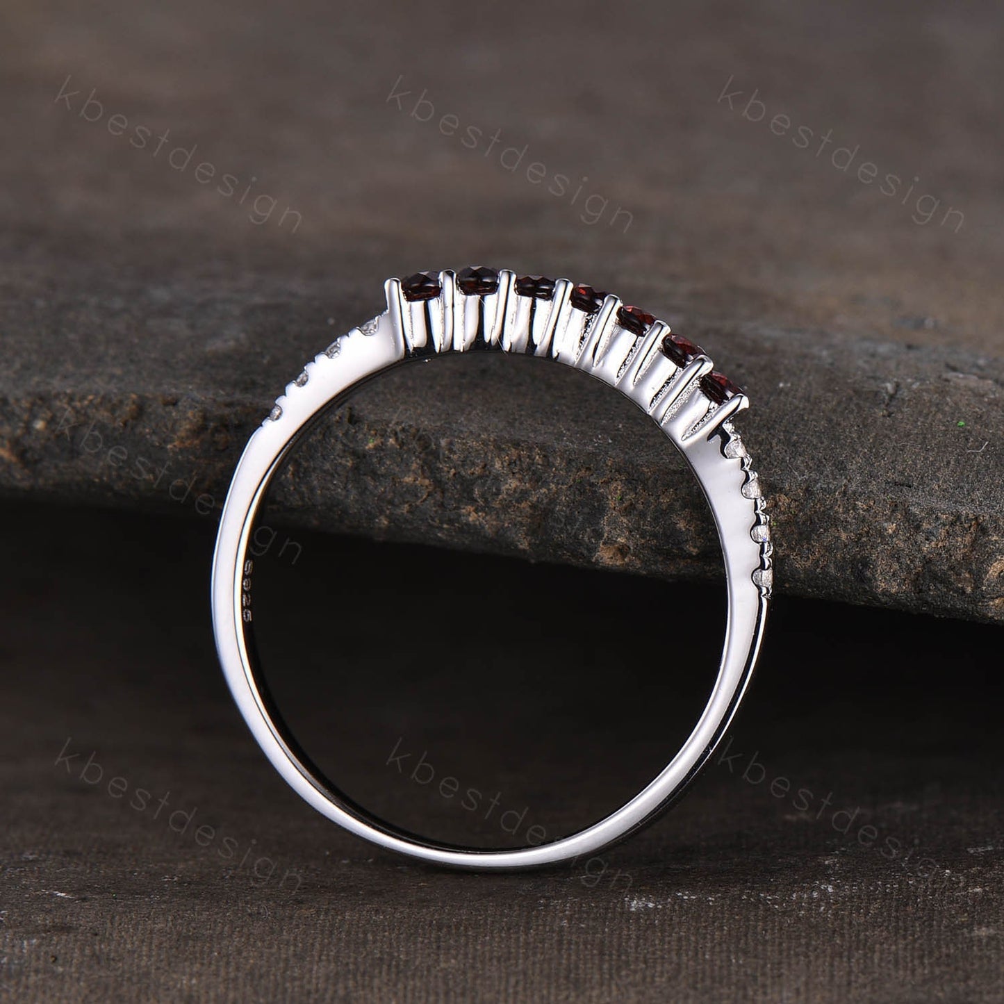 Delicate Garnet Wedding Band Sterling Silver Ring Curved Stacking Ring Gemstone Band January Birthstone Ring Anniversary Gift for Her