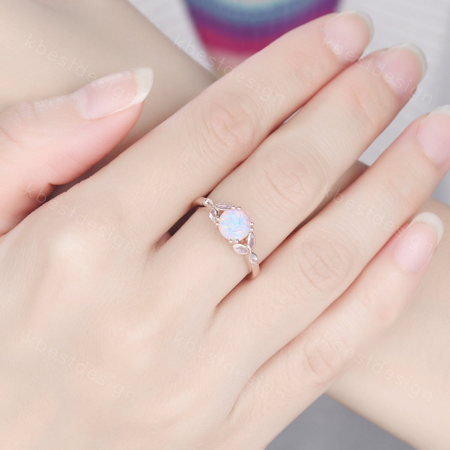 Opal Engagement Ring White Opal and Moonstone Ring Rose Gold Ring for Women Round Opal Bridal Wedding Ring October Birthstone Promise Ring