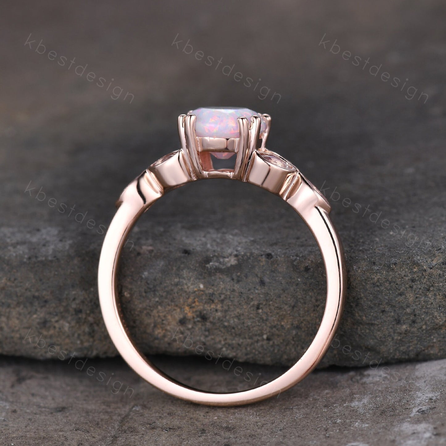 Opal Engagement Ring White Opal and Moonstone Ring Rose Gold Ring for Women Round Opal Bridal Wedding Ring October Birthstone Promise Ring