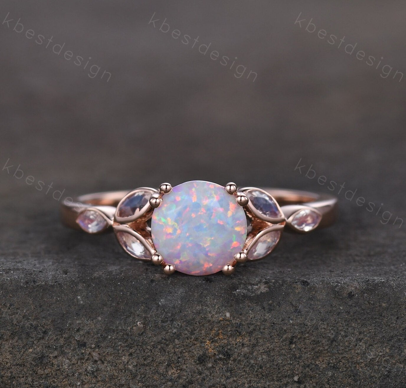 Opal Engagement Ring White Opal and Moonstone Ring Rose Gold Ring for Women Round Opal Bridal Wedding Ring October Birthstone Promise Ring