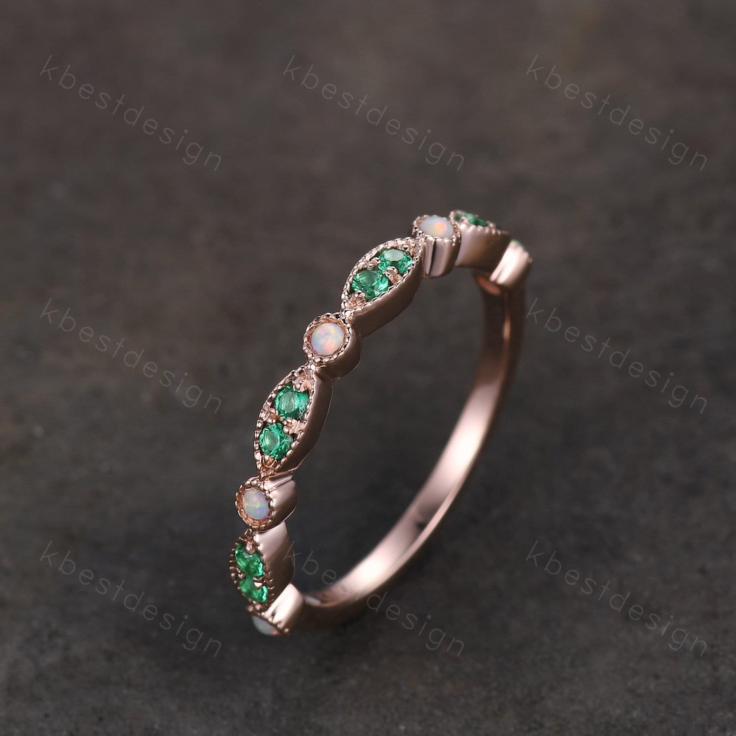 Emerald Opal Wedding Band, Half Eternity Wedding Band, Art Deco Stacking Band, Opal Wedding Ring, Rose Gold Emerald Band, Anniversary Gift
