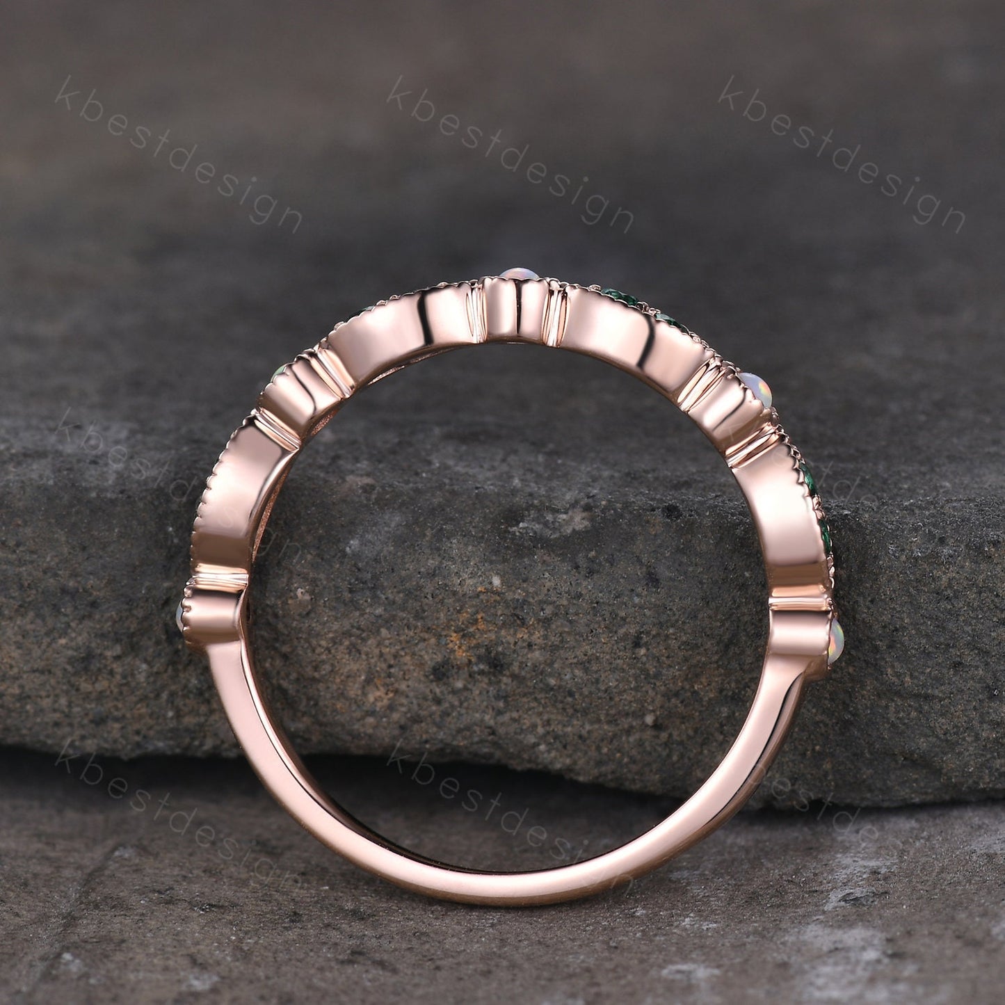 Emerald Opal Wedding Band, Half Eternity Wedding Band, Art Deco Stacking Band, Opal Wedding Ring, Rose Gold Emerald Band, Anniversary Gift