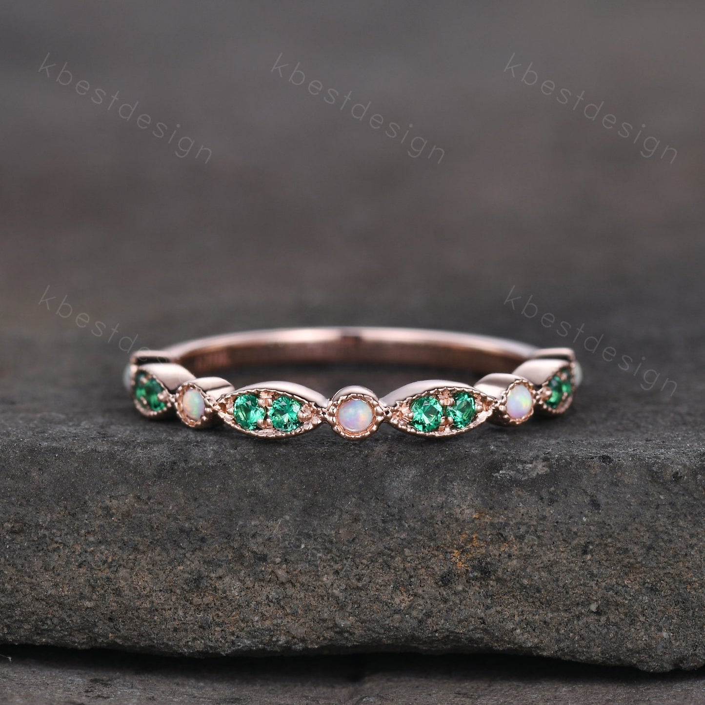 Emerald Opal Wedding Band, Half Eternity Wedding Band, Art Deco Stacking Band, Opal Wedding Ring, Rose Gold Emerald Band, Anniversary Gift