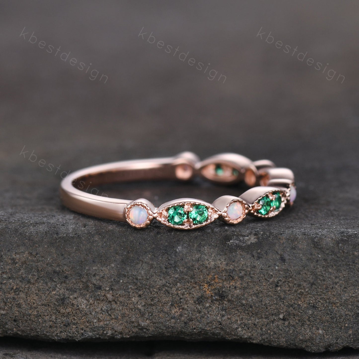 Emerald Opal Wedding Band, Half Eternity Wedding Band, Art Deco Stacking Band, Opal Wedding Ring, Rose Gold Emerald Band, Anniversary Gift
