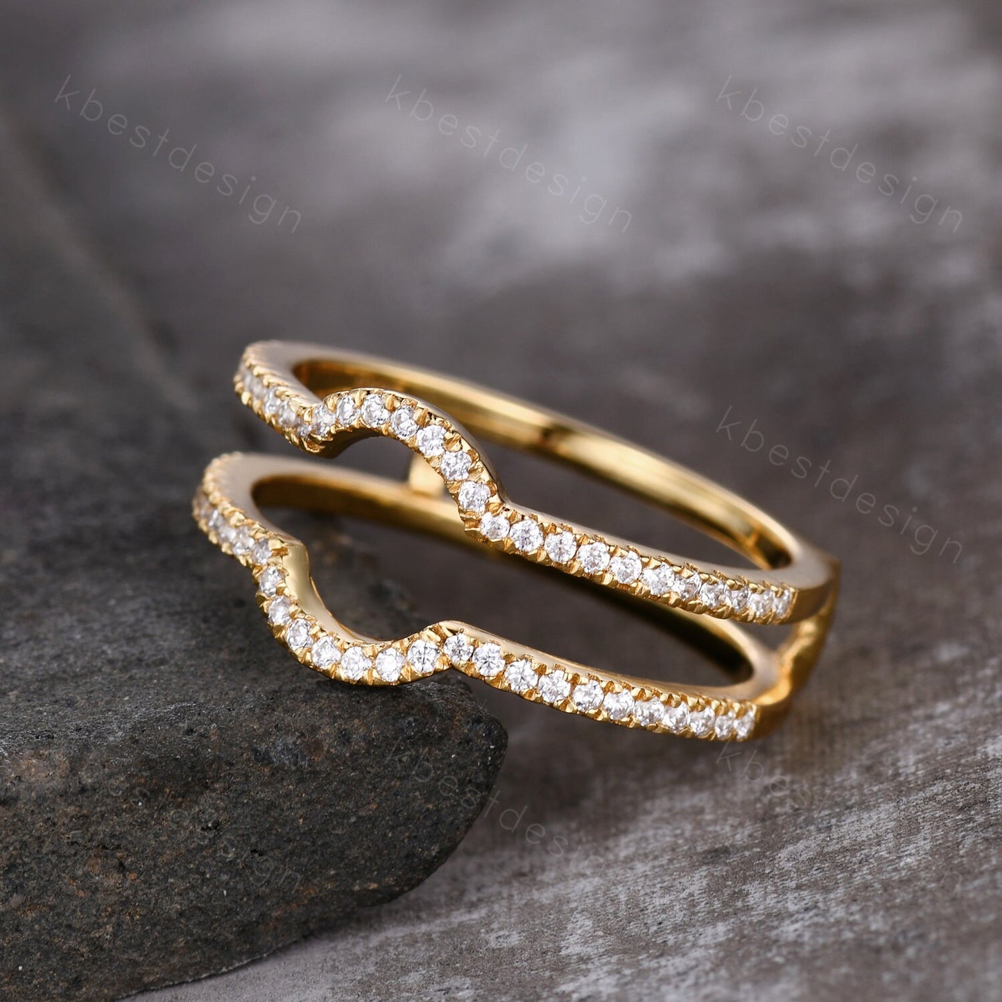 Dainty curved Moissanite wedding band Yellow gold double curve stacking band half eternity enhancer matching band Unique bridal promise gift