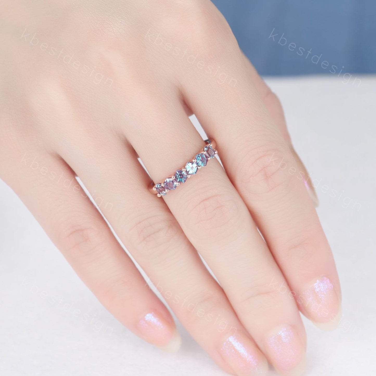 Hexagon cut Alexandrite wedding ring Unique 14k solid gold wedding band 6-stone ring Minimalist Bridal matching stackable band June ring