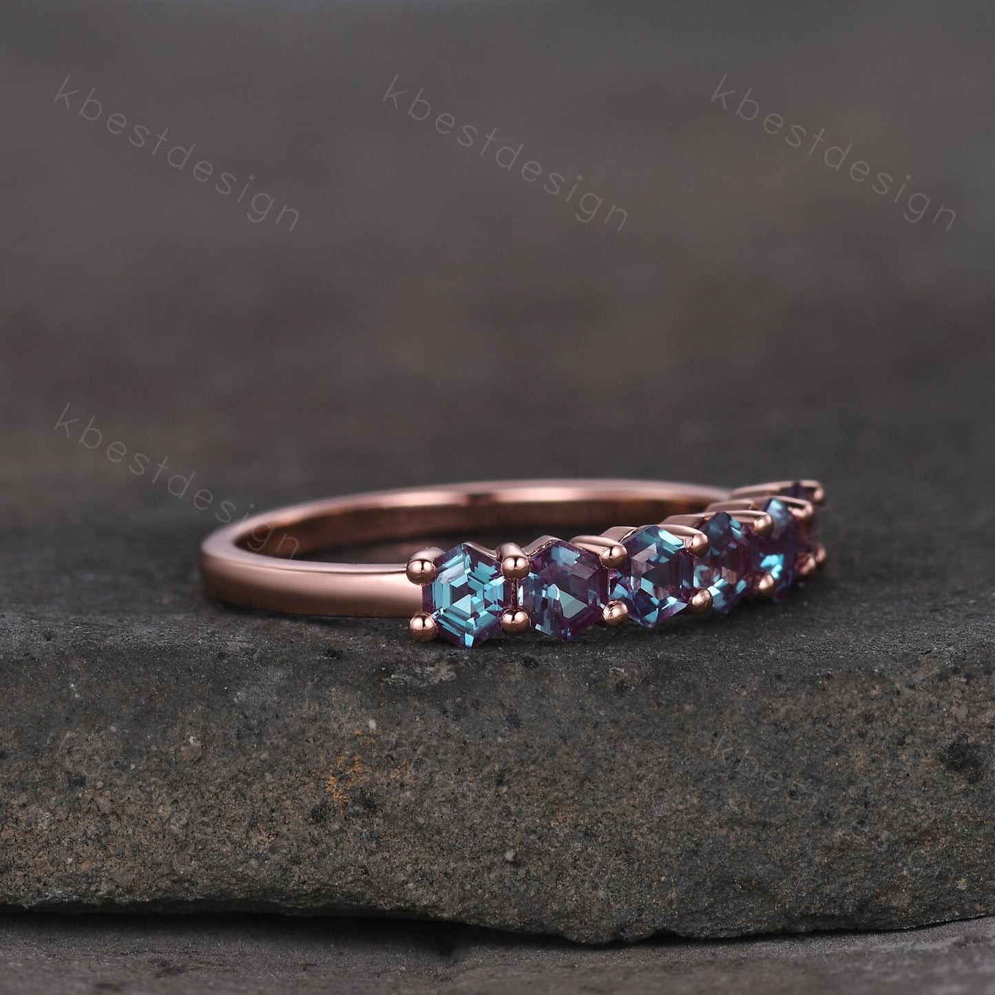 Hexagon cut Alexandrite wedding ring Unique rose gold wedding band 6-stone ring Minimalist Bridal matching stackable band June Birthstone