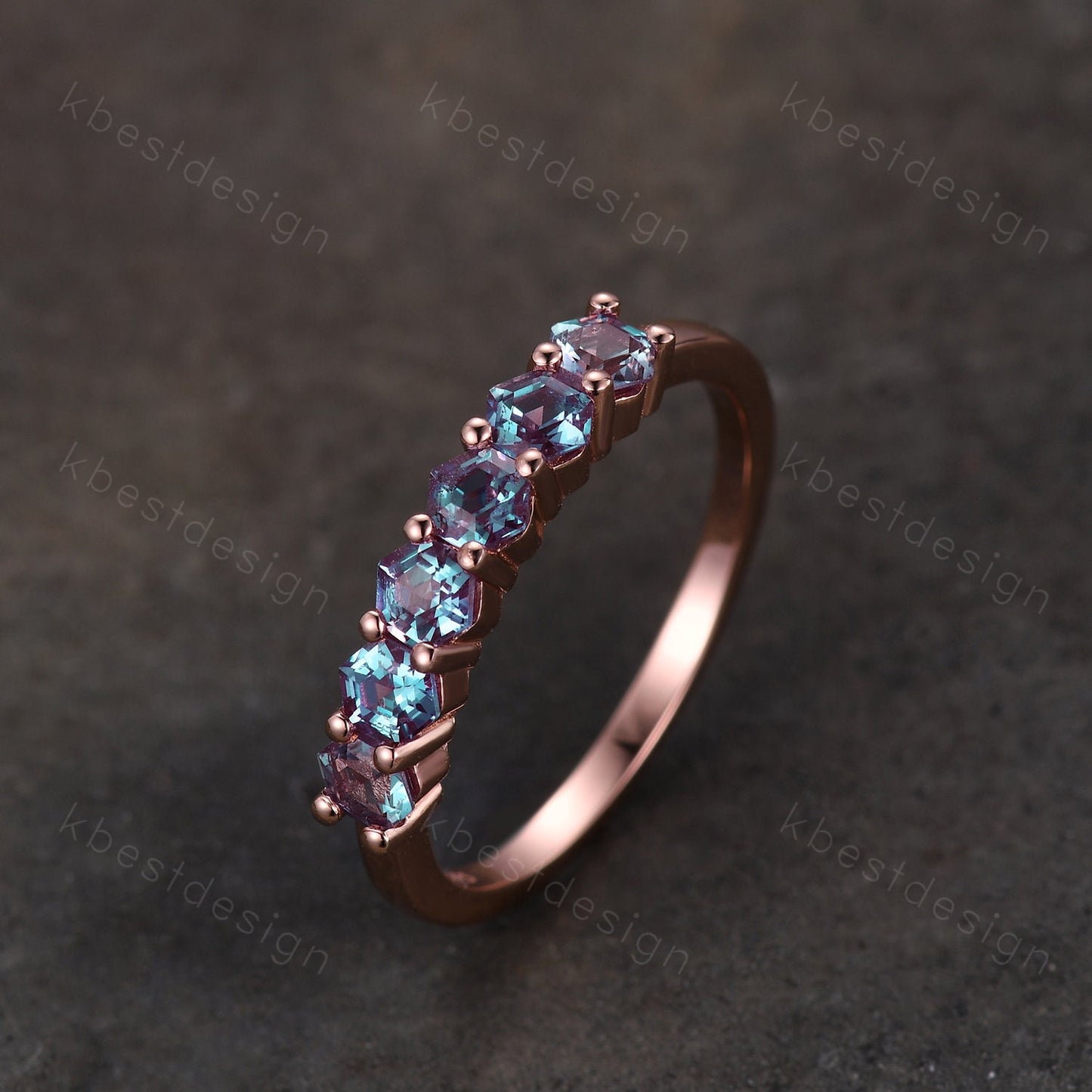 Hexagon cut Alexandrite wedding ring Unique rose gold wedding band 6-stone ring Minimalist Bridal matching stackable band June Birthstone